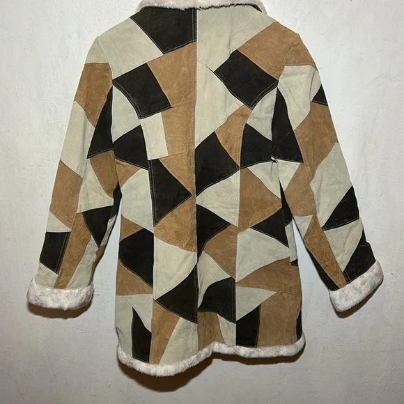 Vintage 90s Penny Lane Style Suede Patchwork Coat Size Medium - Picture 2 of 7